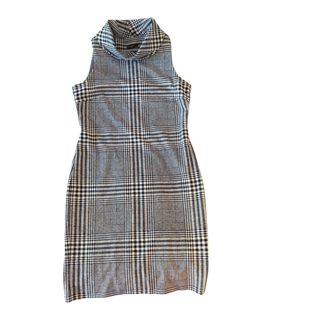 J. McLaughlin‎ women's navy/white houndstooth plaid cowl neck dress. Small. EUC